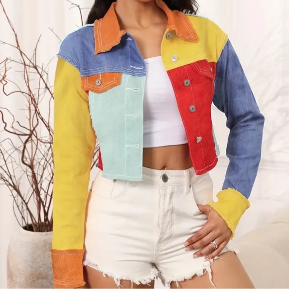 Color Block Raw Hem Frayed Button Up Jacket - Picture 5 of 6